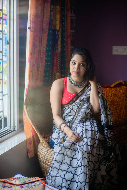 B & W Geometric Saree