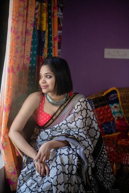 B & W Geometric Saree