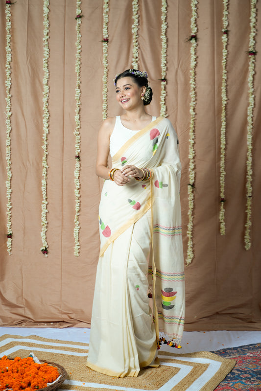 Off White Needle Work Jamdani  Saree