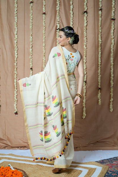 Off White Needle Work Jamdani  Saree