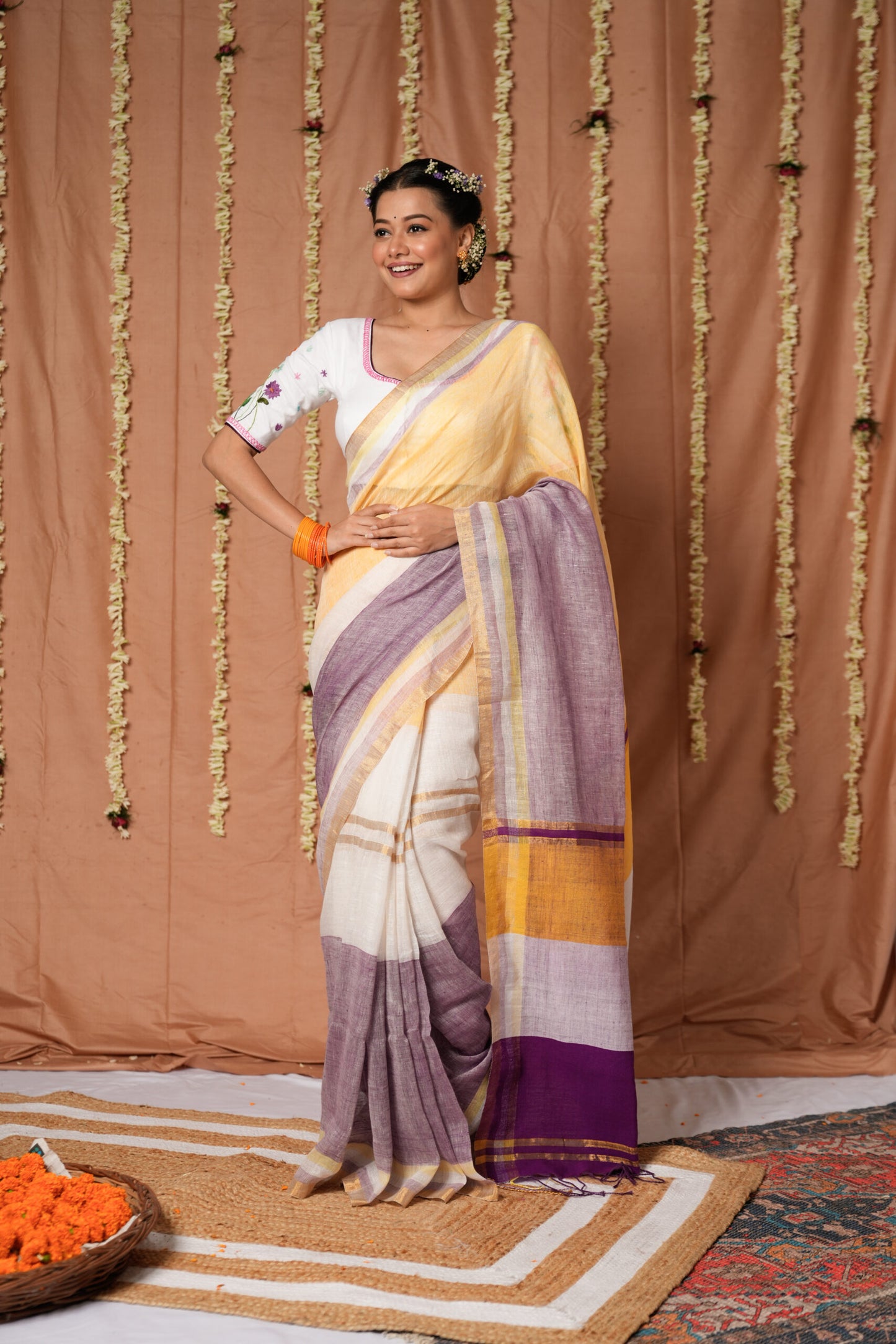 Lavender Sunrise Linen Handloom Saree