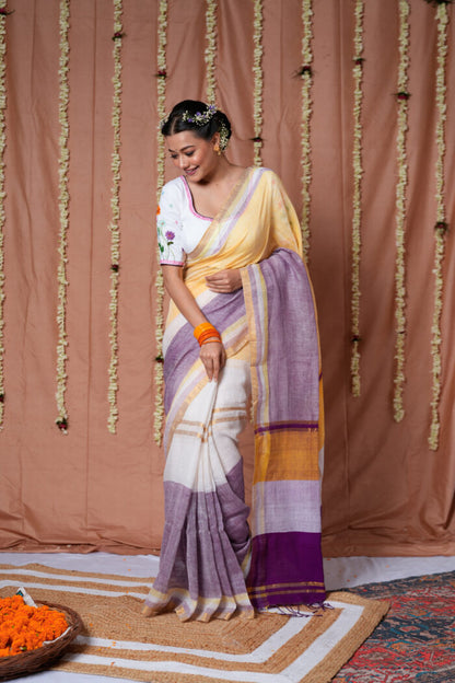 Lavender Sunrise Linen Handloom Saree