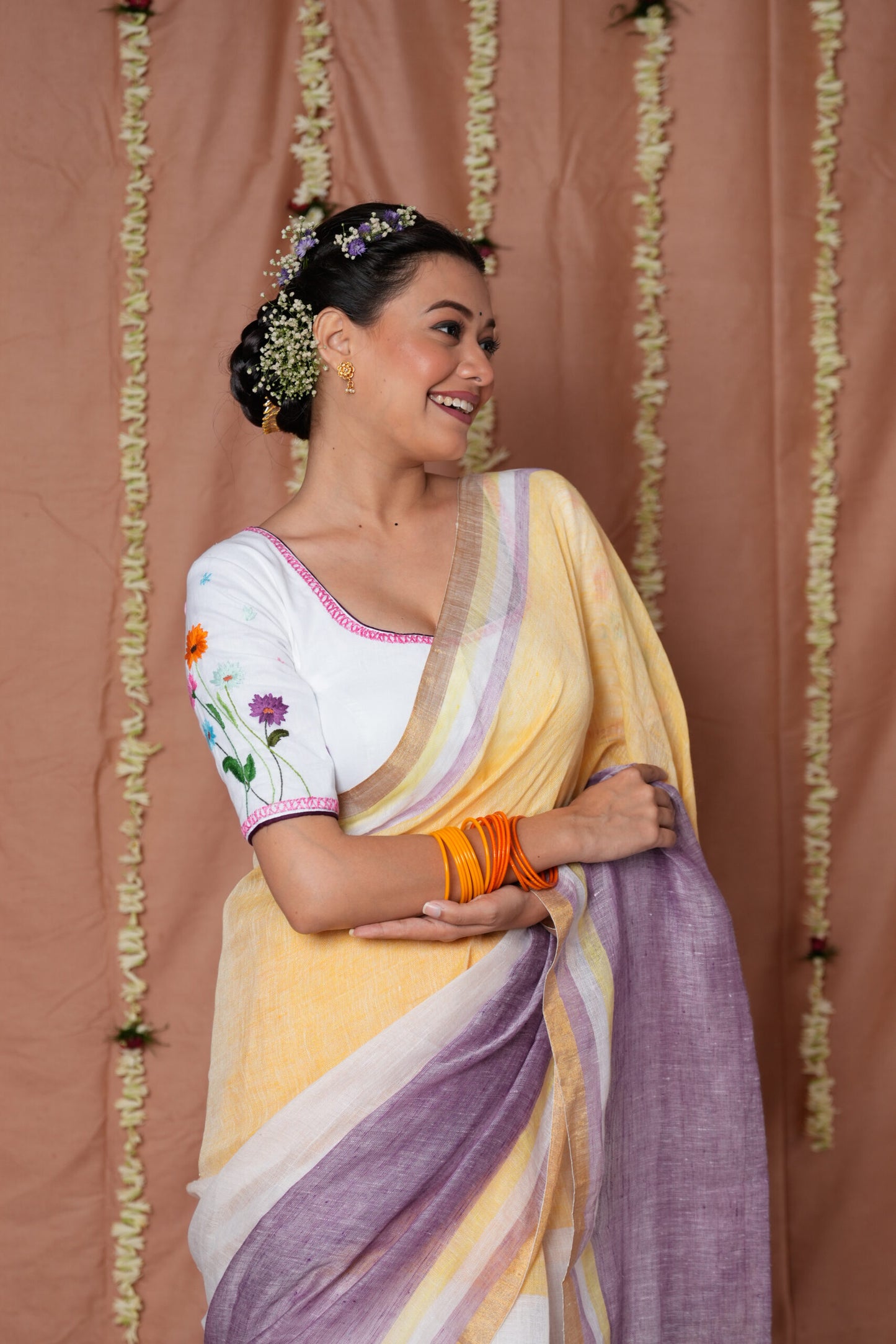 Lavender Sunrise Linen Handloom Saree