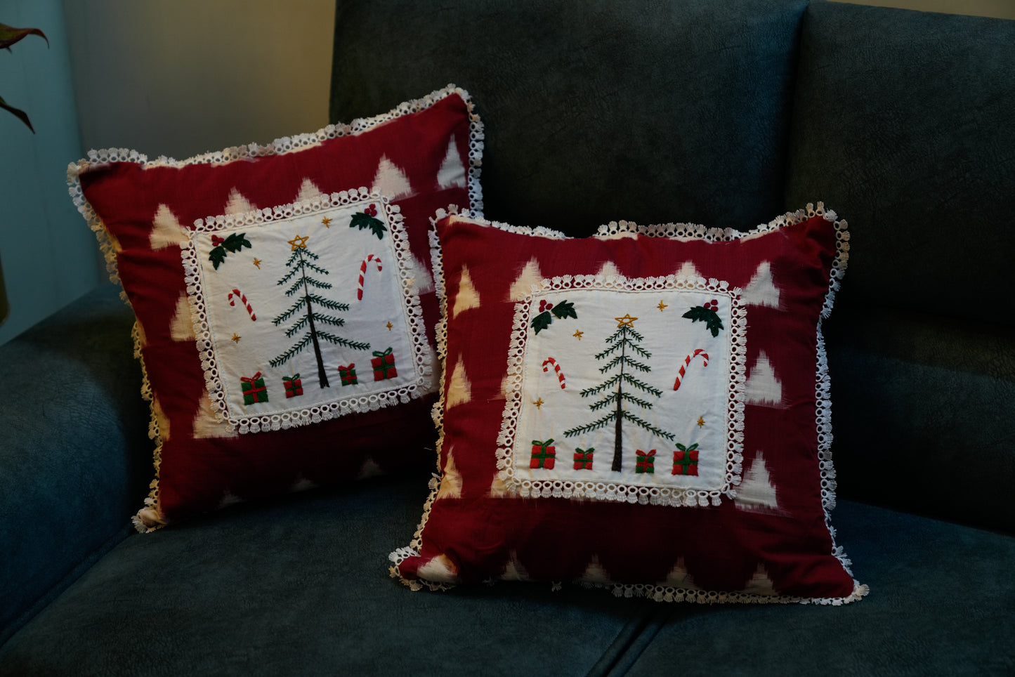 Christmas Tree Hand Embroidered Cushion Cover
