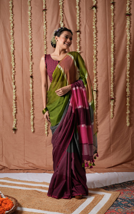 Mint Rose Box Check Cotton Saree