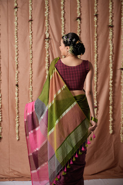 Mint Rose Box Check Cotton Saree