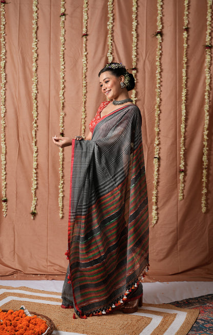 Black White Gamcha Cotton Saree