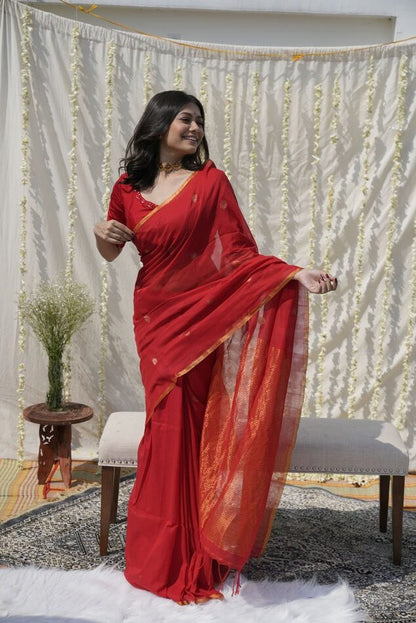 Red zari buti handloom saree