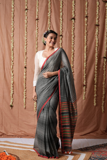 Black White Gamcha Cotton Saree