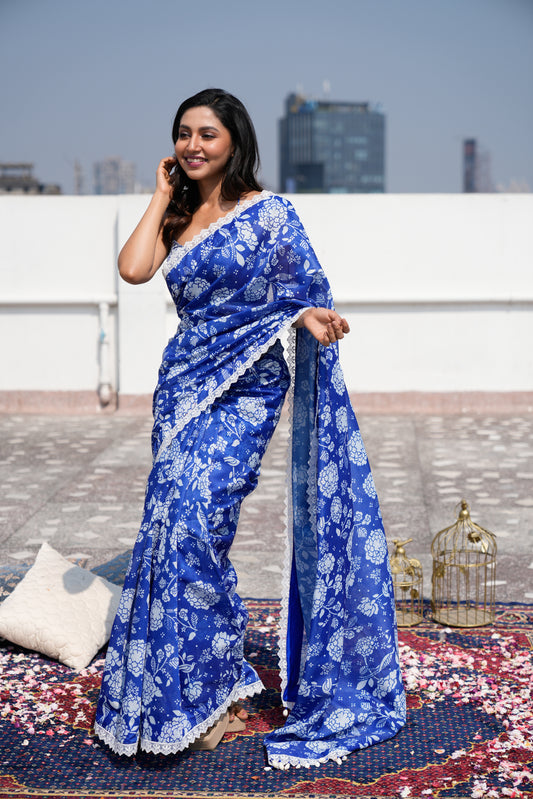 Blue Floral Chanderi Saree