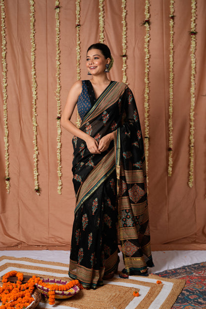 Noir Ajrakh Chanderi Cotton Silk Saree