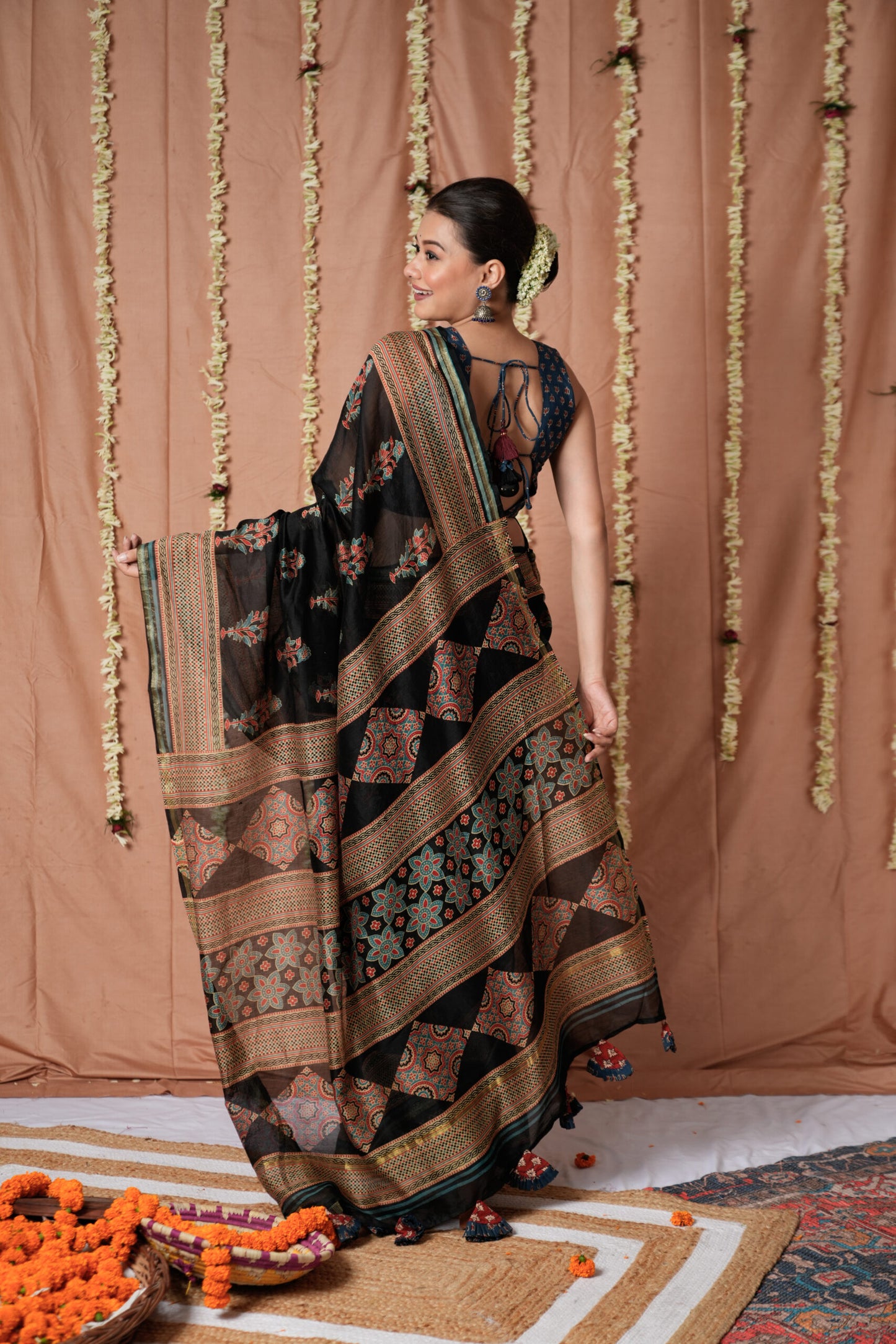 Noir Ajrakh Chanderi Cotton Silk Saree