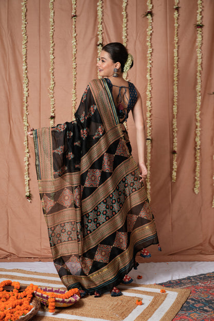 Noir Ajrakh Chanderi Cotton Silk Saree