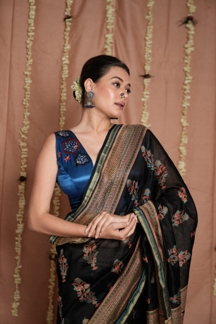 Noir Ajrakh Chanderi Cotton Silk Saree