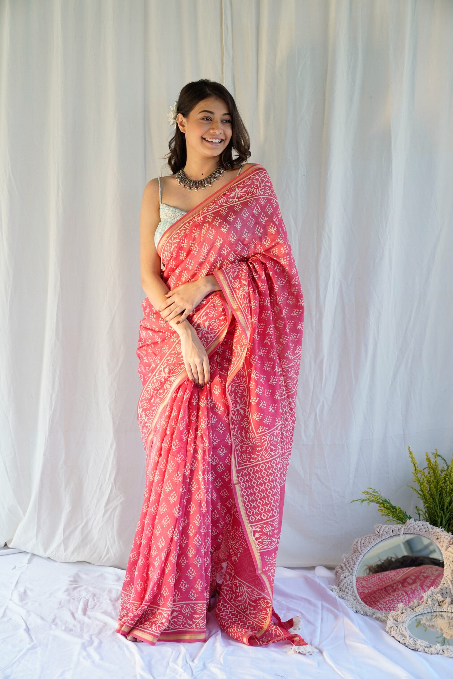 Blush Pink Bagh Cotton Silk Saree