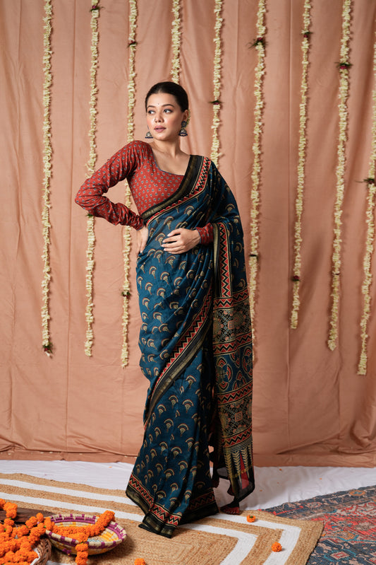 Blue Mirage Ajrakh Chanderi Cotton Silk Saree