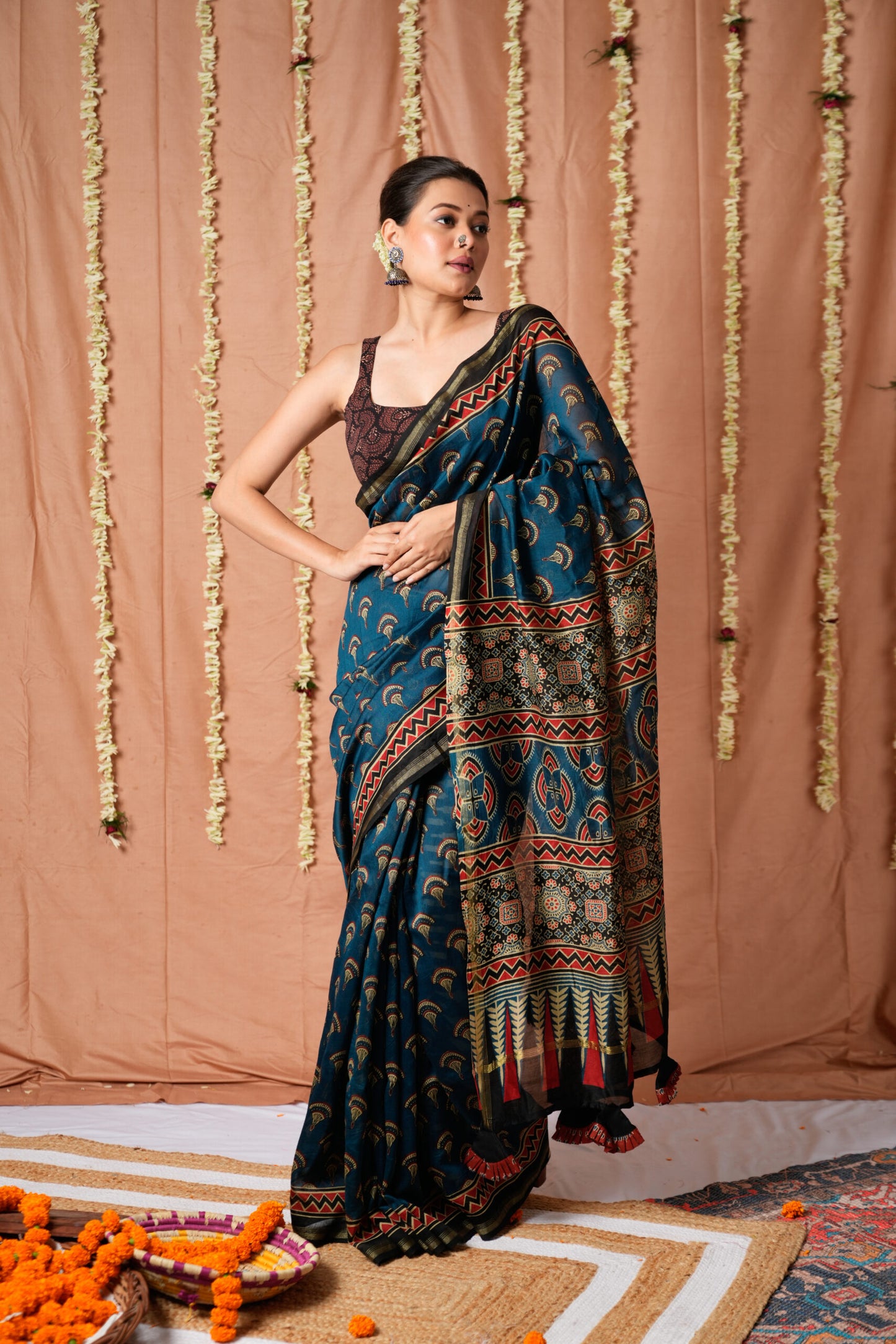 Blue Mirage Ajrakh Chanderi Cotton Silk Saree