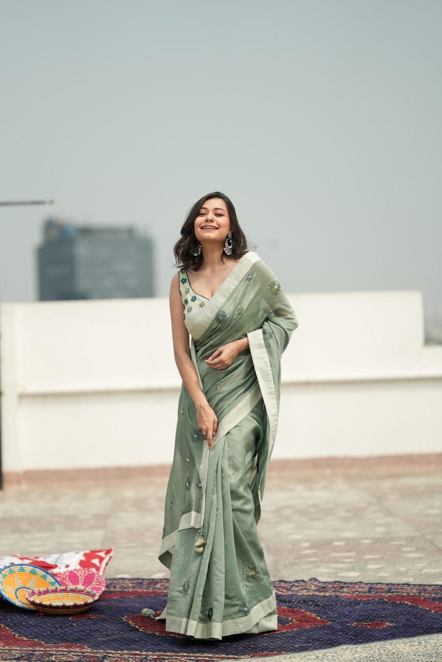 Cherry Blossom Saree - Sage Green