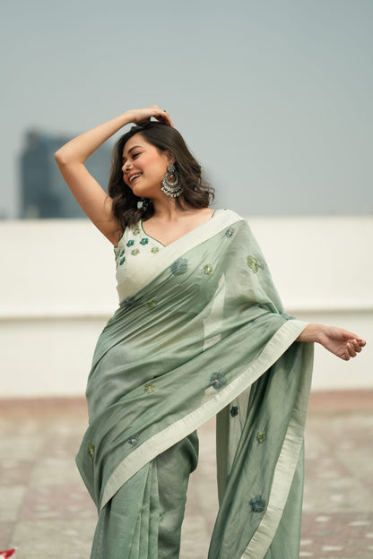 Cherry Blossom Saree - Sage Green