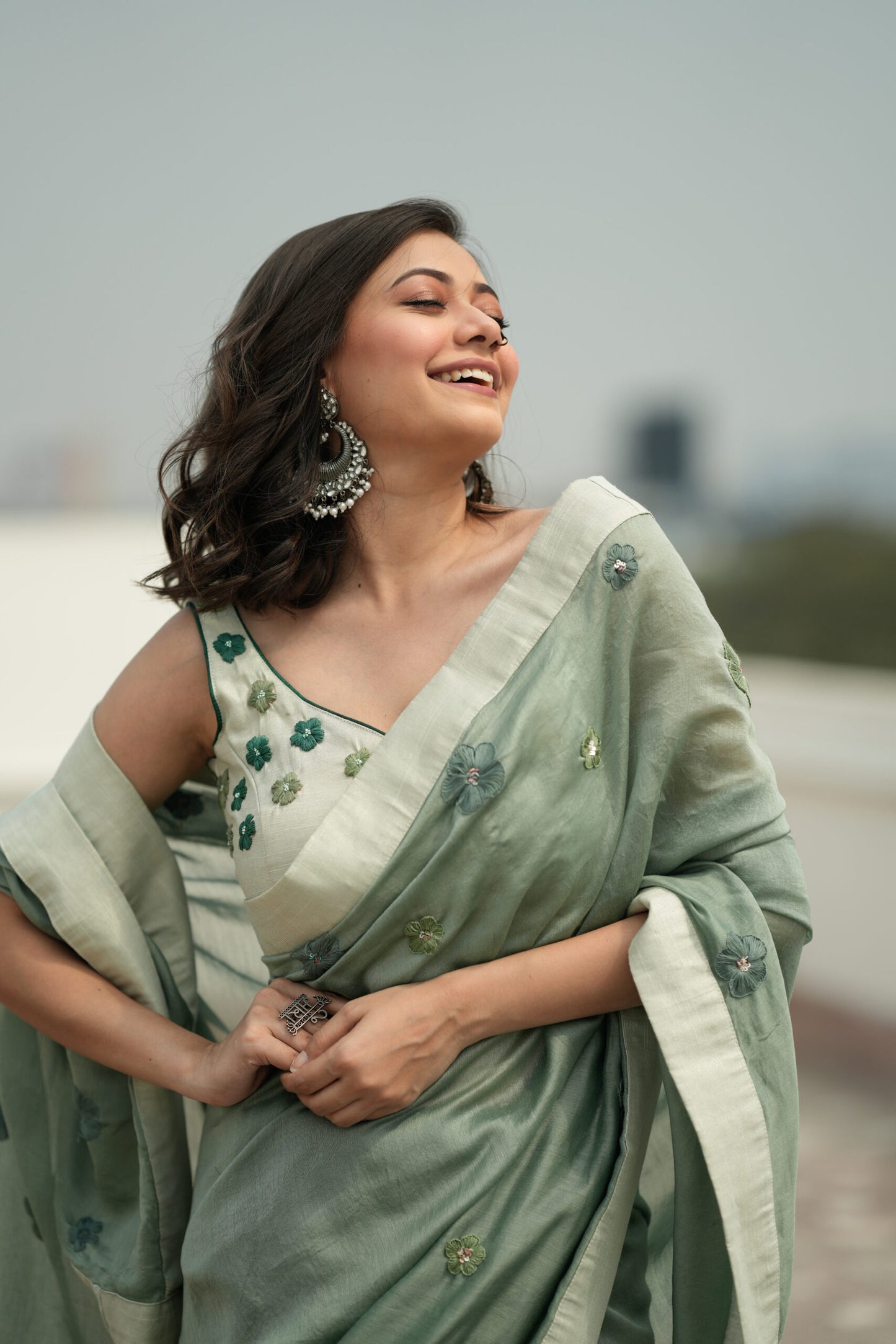 Cherry Blossom Saree - Sage Green