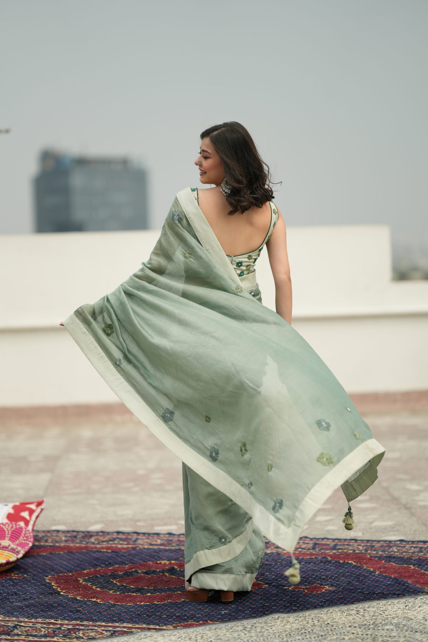 Cherry Blossom Saree - Sage Green