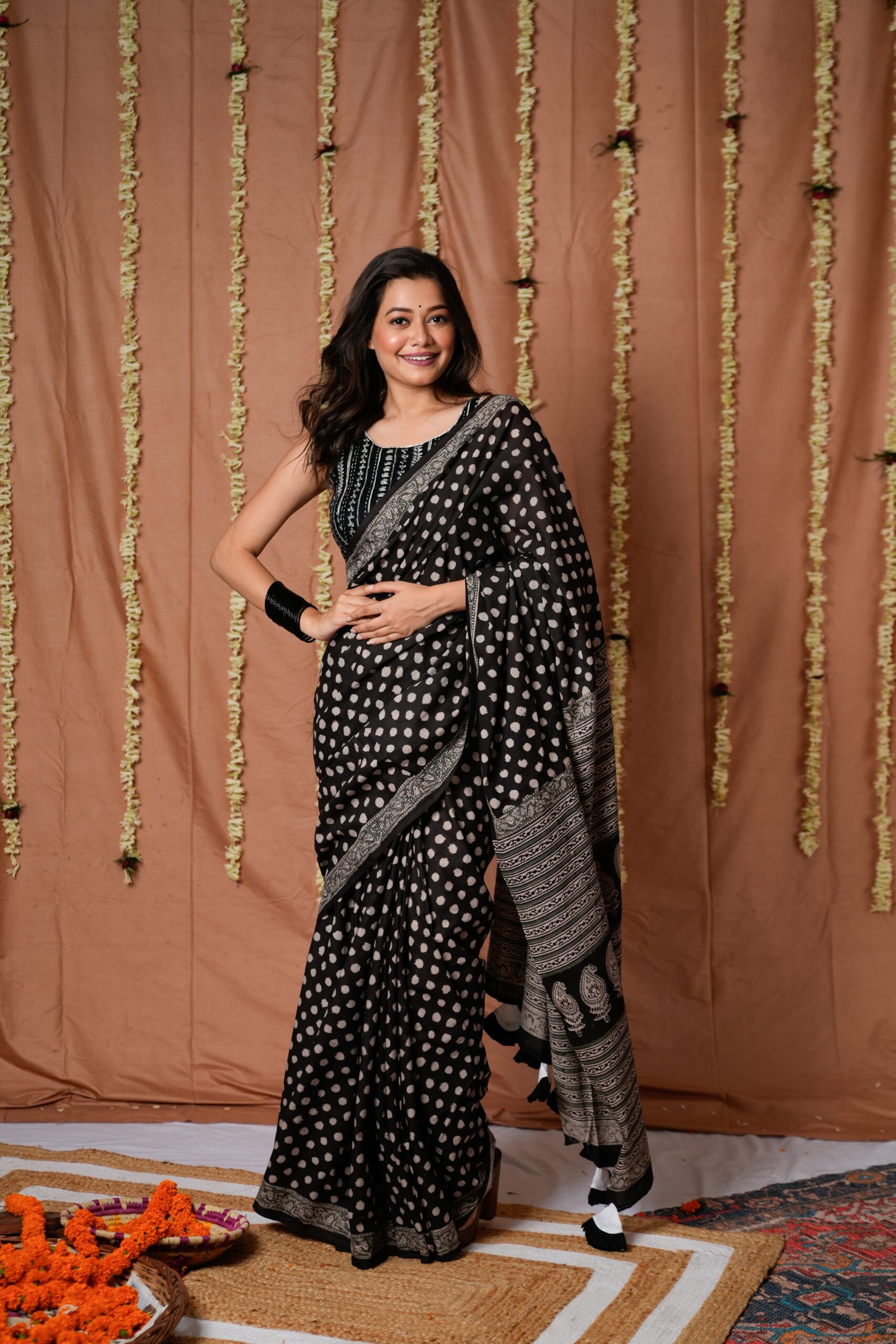 Black Polka Mulmul Saree