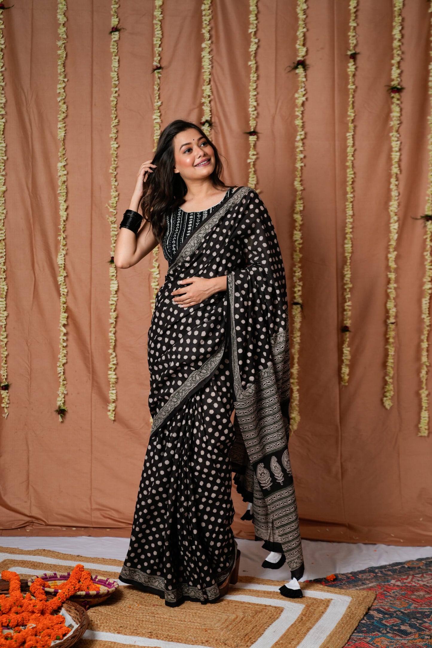 Black Polka Mulmul Saree