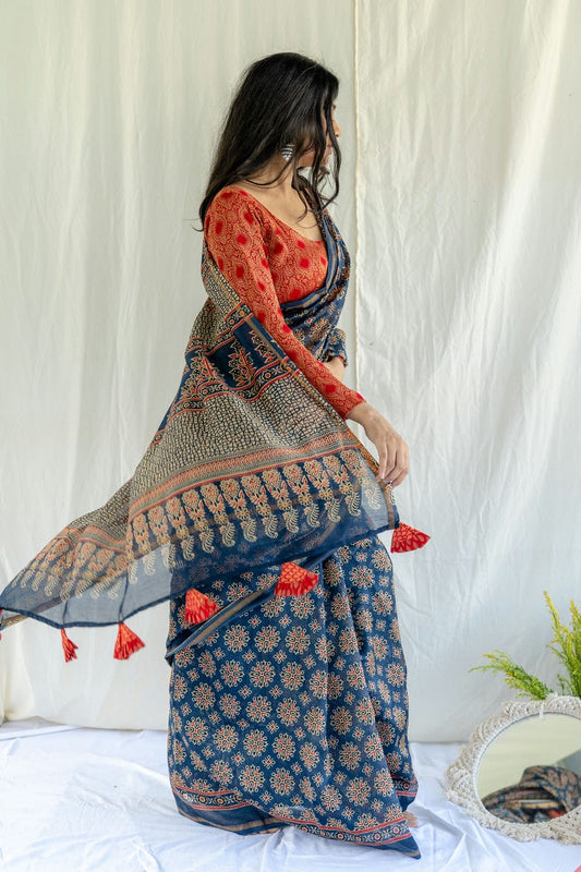 BLUE OCEAN AJRAKH SAREE