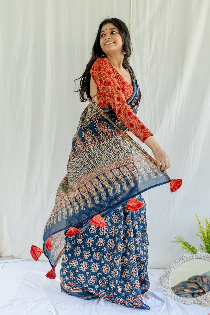 BLUE OCEAN AJRAKH SAREE