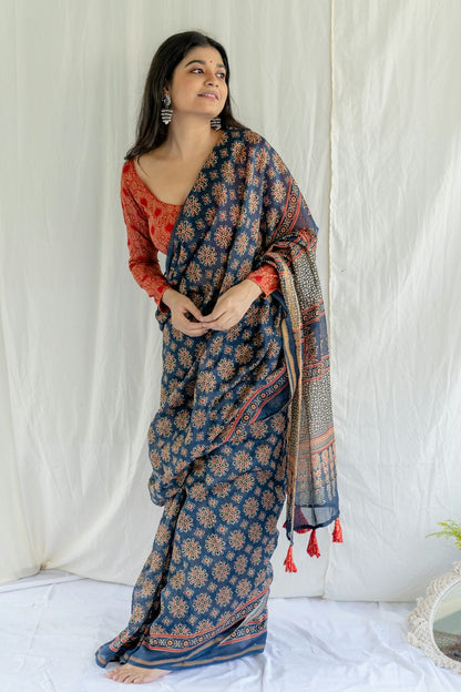 BLUE OCEAN AJRAKH SAREE