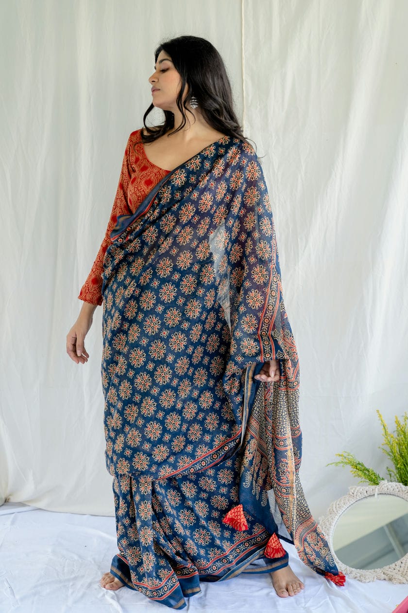 BLUE OCEAN AJRAKH SAREE