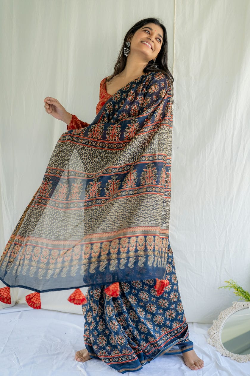 BLUE OCEAN AJRAKH SAREE