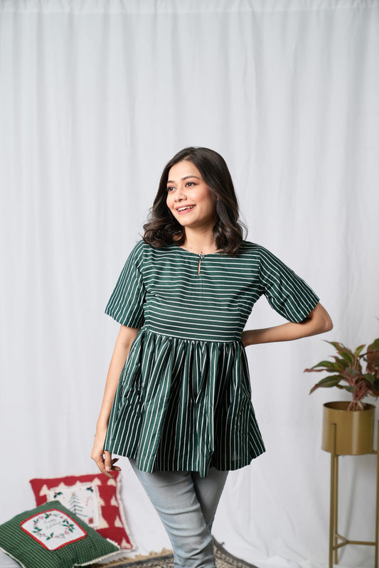 Dark Green Striped Flared Top