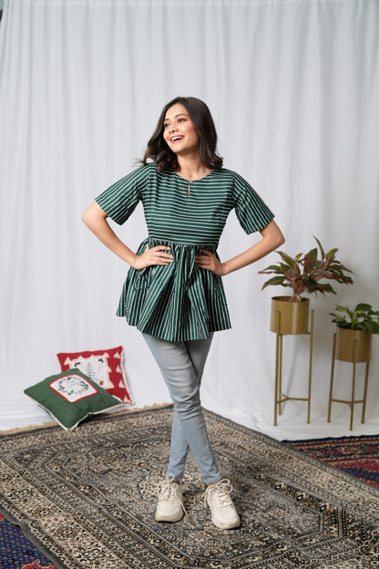 Dark Green Striped Flared Top