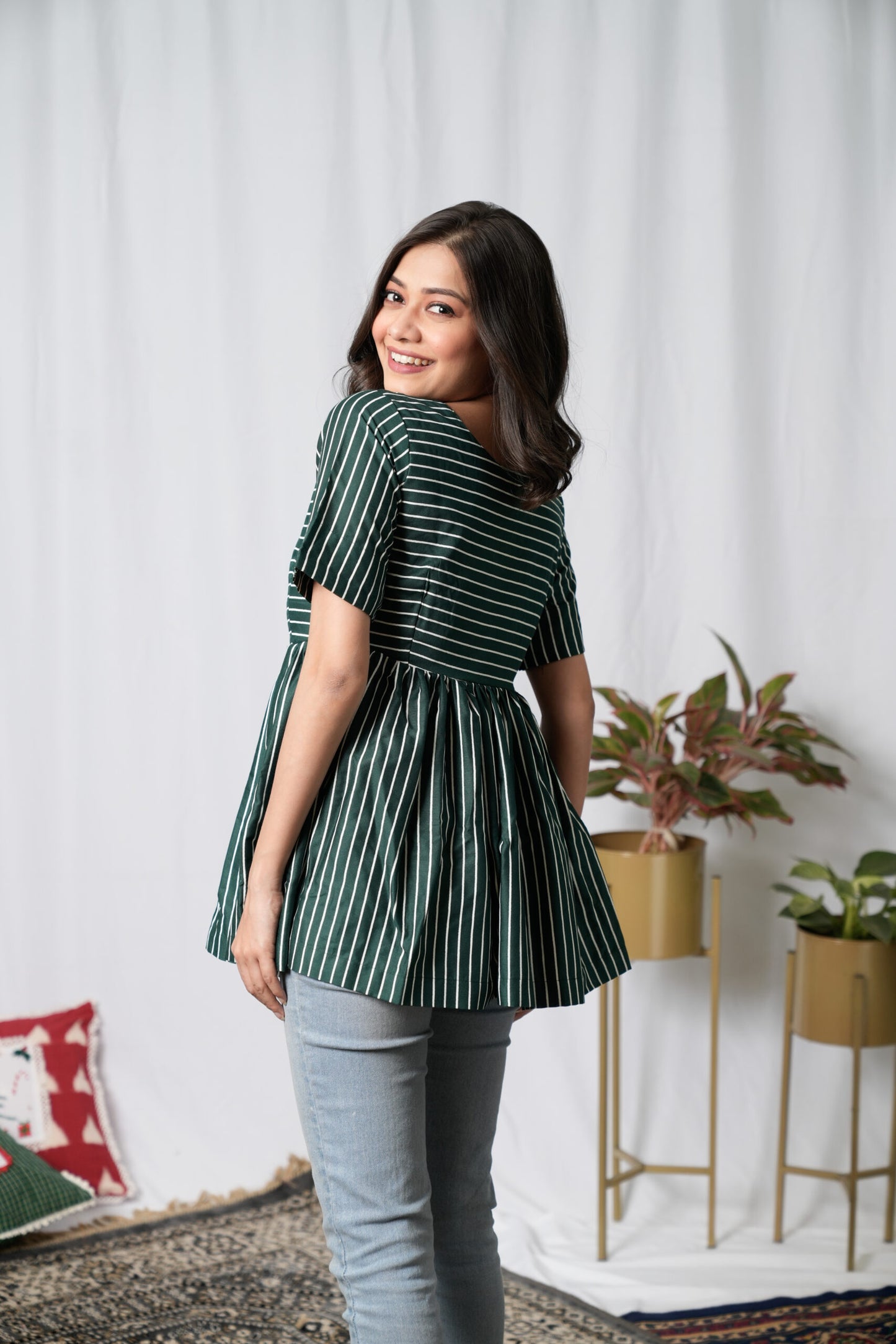 Dark Green Striped Flared Top