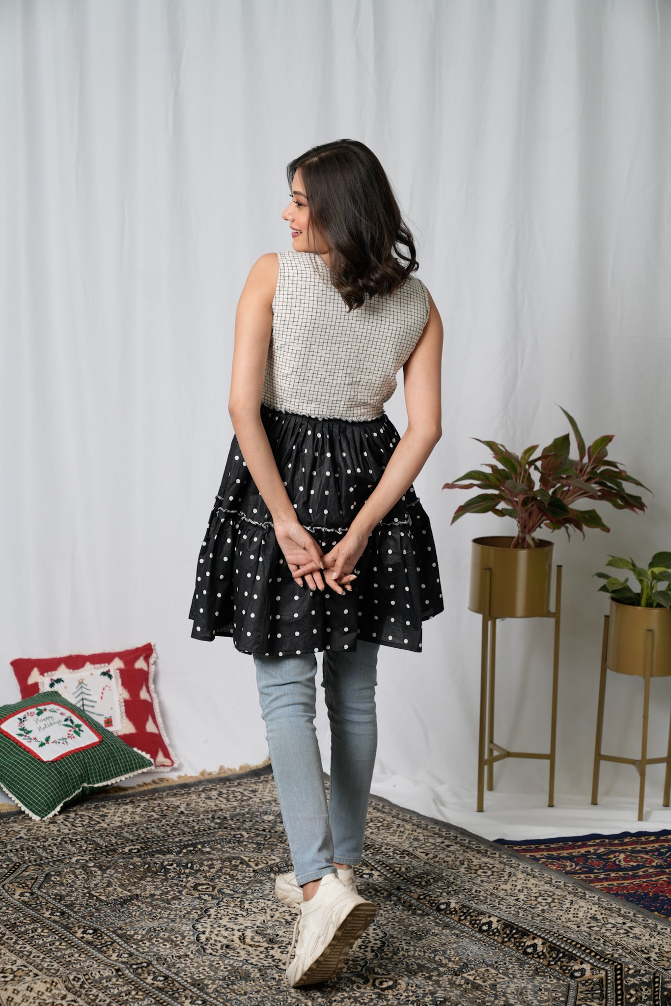 Black White Polka Dot Embroidered Flared Top