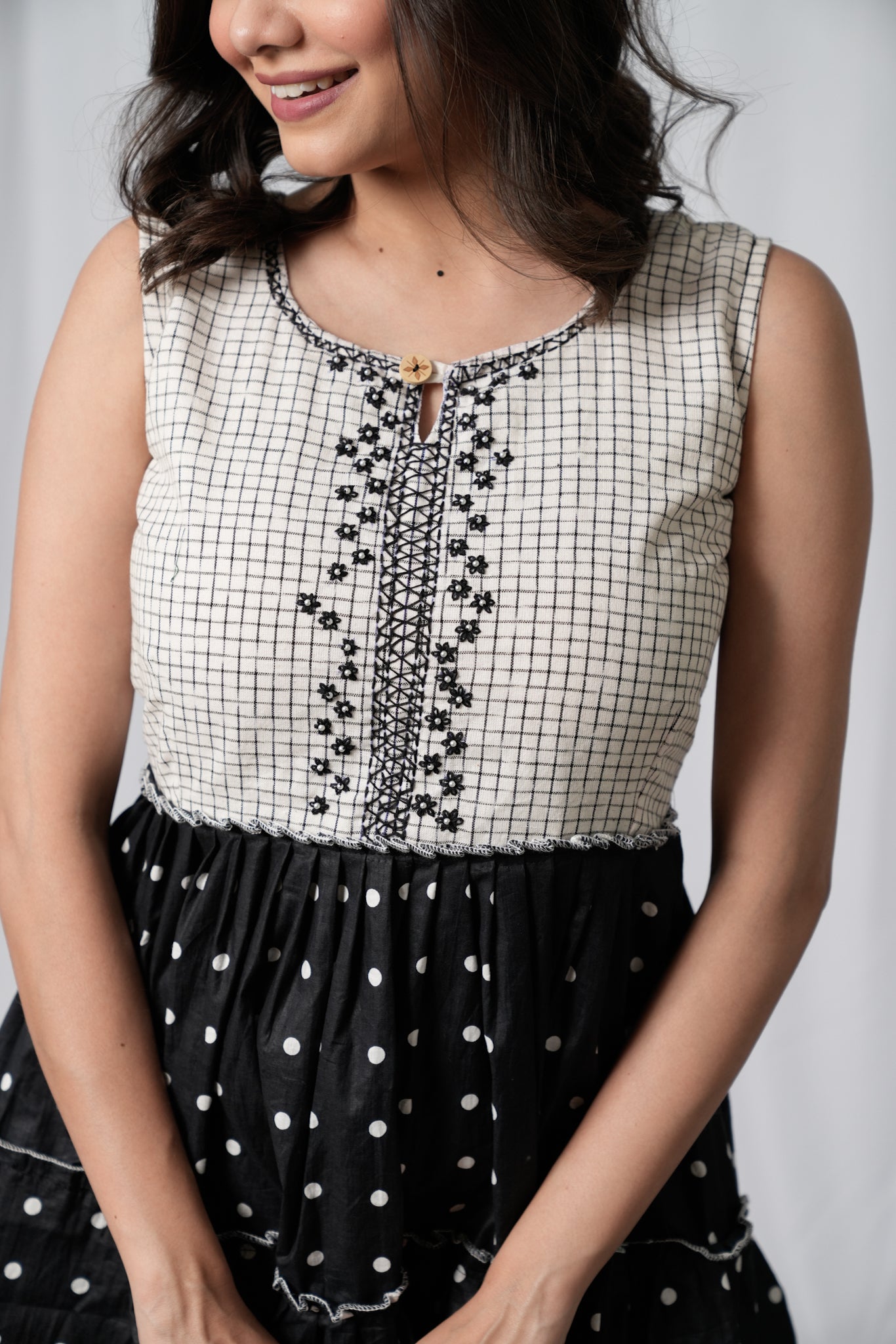 Black White Polka Dot Embroidered Flared Top