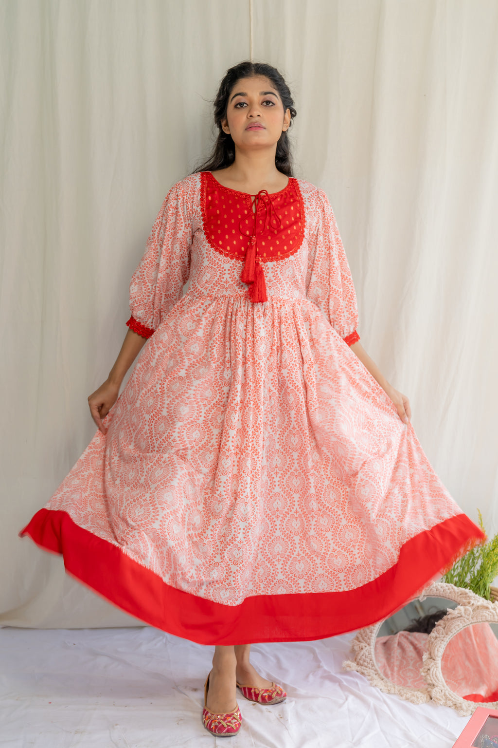 Red White Handblock Cotton Dress