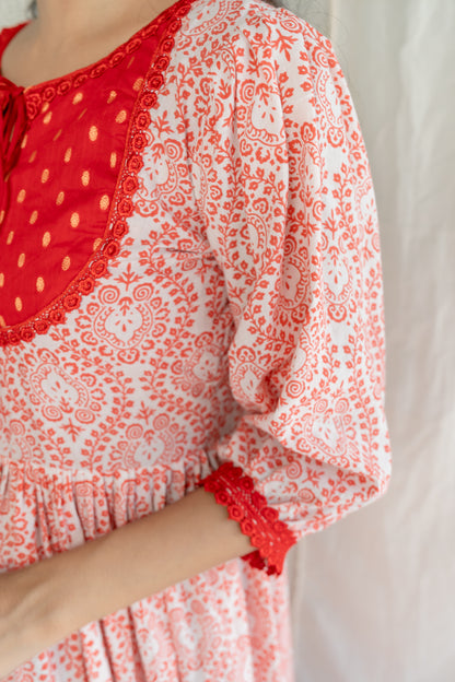 Red White Handblock Cotton Dress
