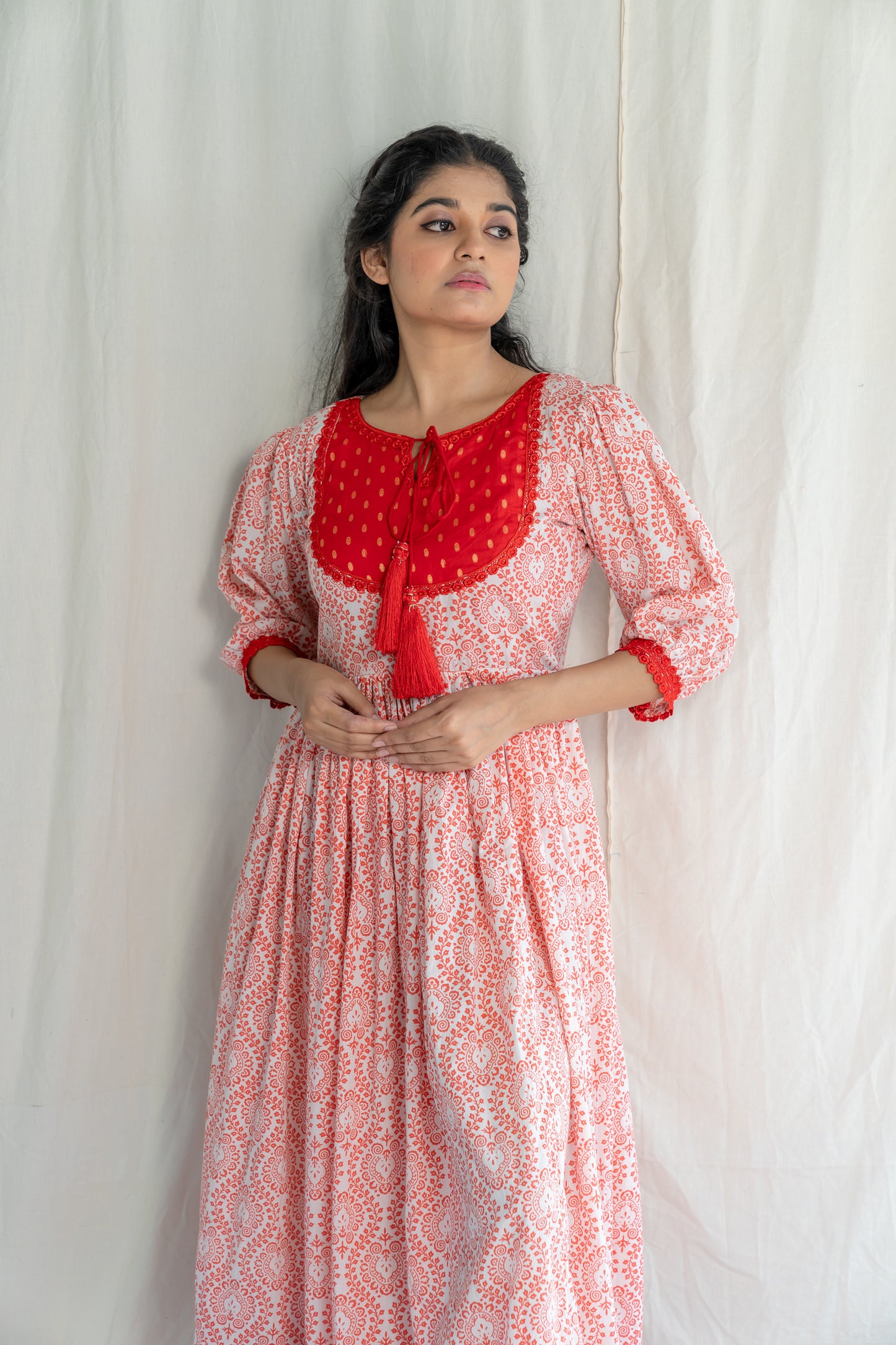 Red White Handblock Cotton Dress