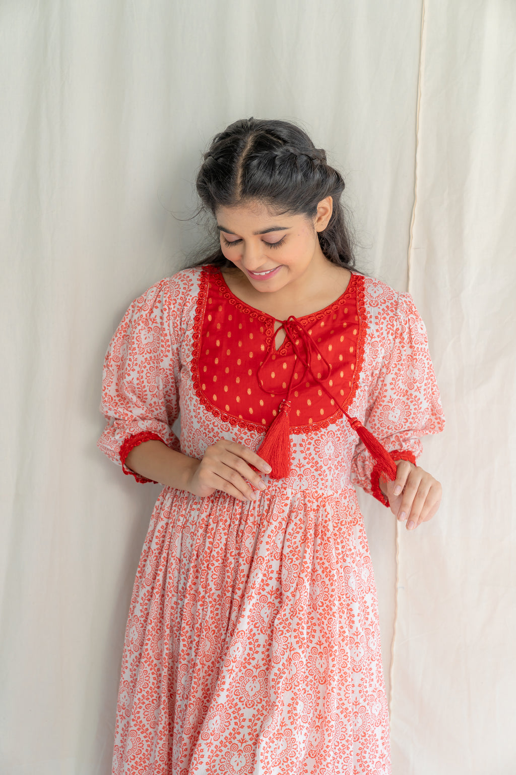 Red White Handblock Cotton Dress