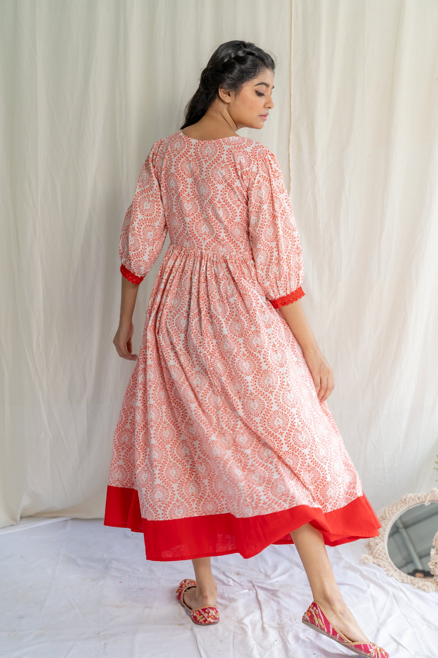 Red White Handblock Cotton Dress