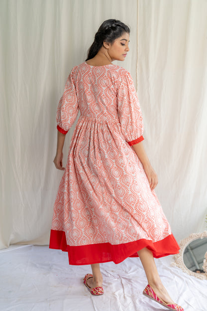 Red White Handblock Cotton Dress