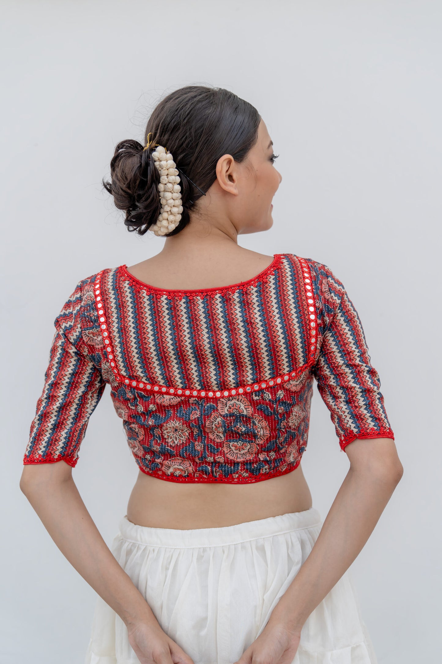 RED KANTHA COTTON PATCHWORK BLOUSE