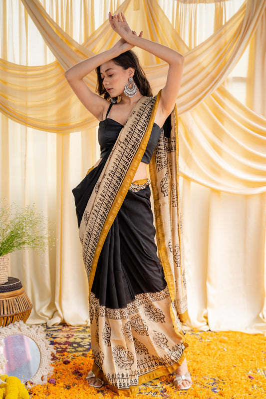 Black Beige Chanderi Cotton Silk Saree