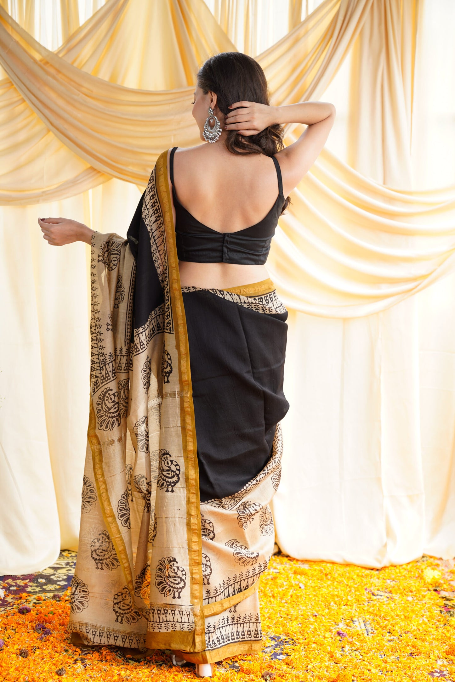 Black Beige Chanderi Cotton Silk Saree