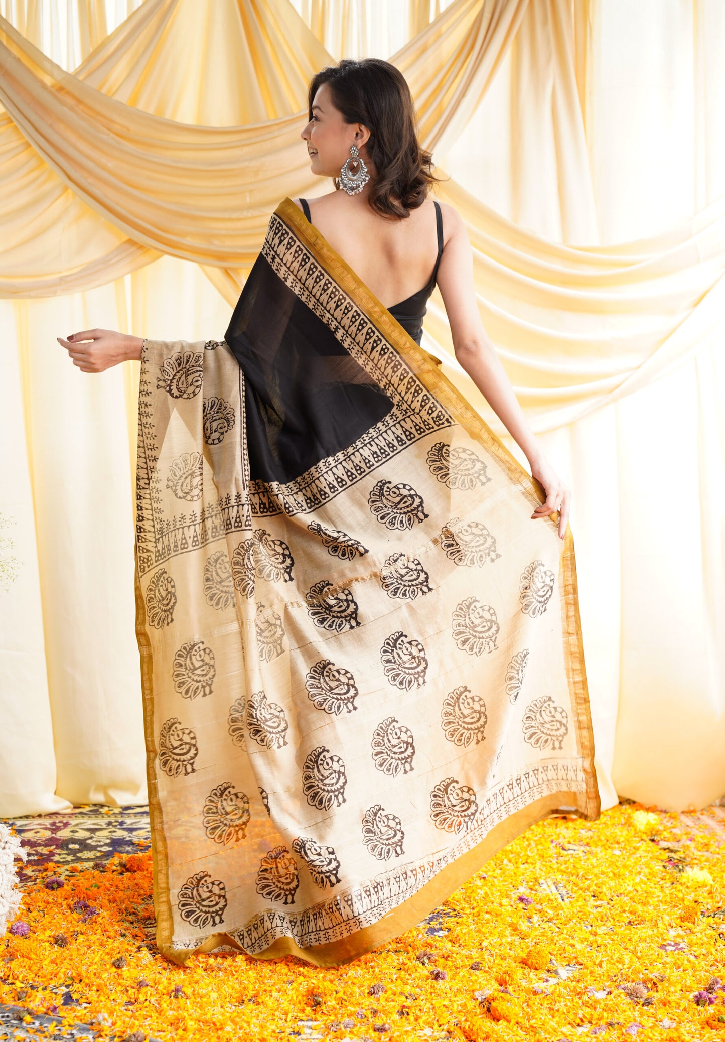 Black Beige Chanderi Cotton Silk Saree