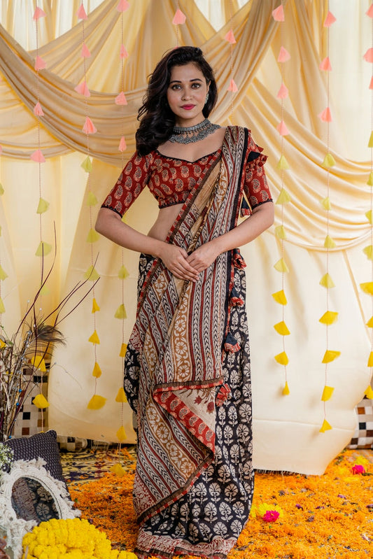 Black & Maroon Ajrakh Saree