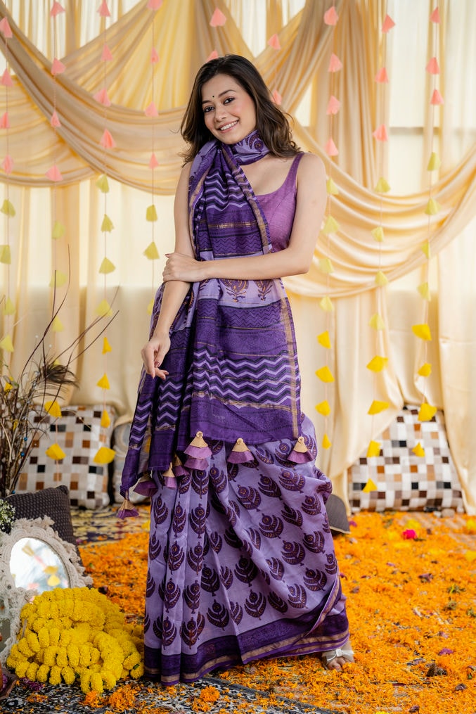 Lavender Purple Cottton Silk Saree