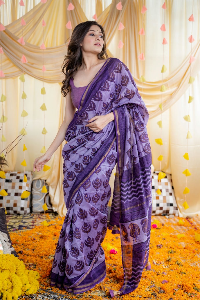 Lavender Purple Cottton Silk Saree